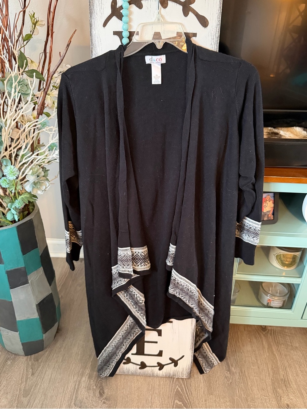Denim&Co Black Open-Front Cardigan with Gray Trim Size 2X